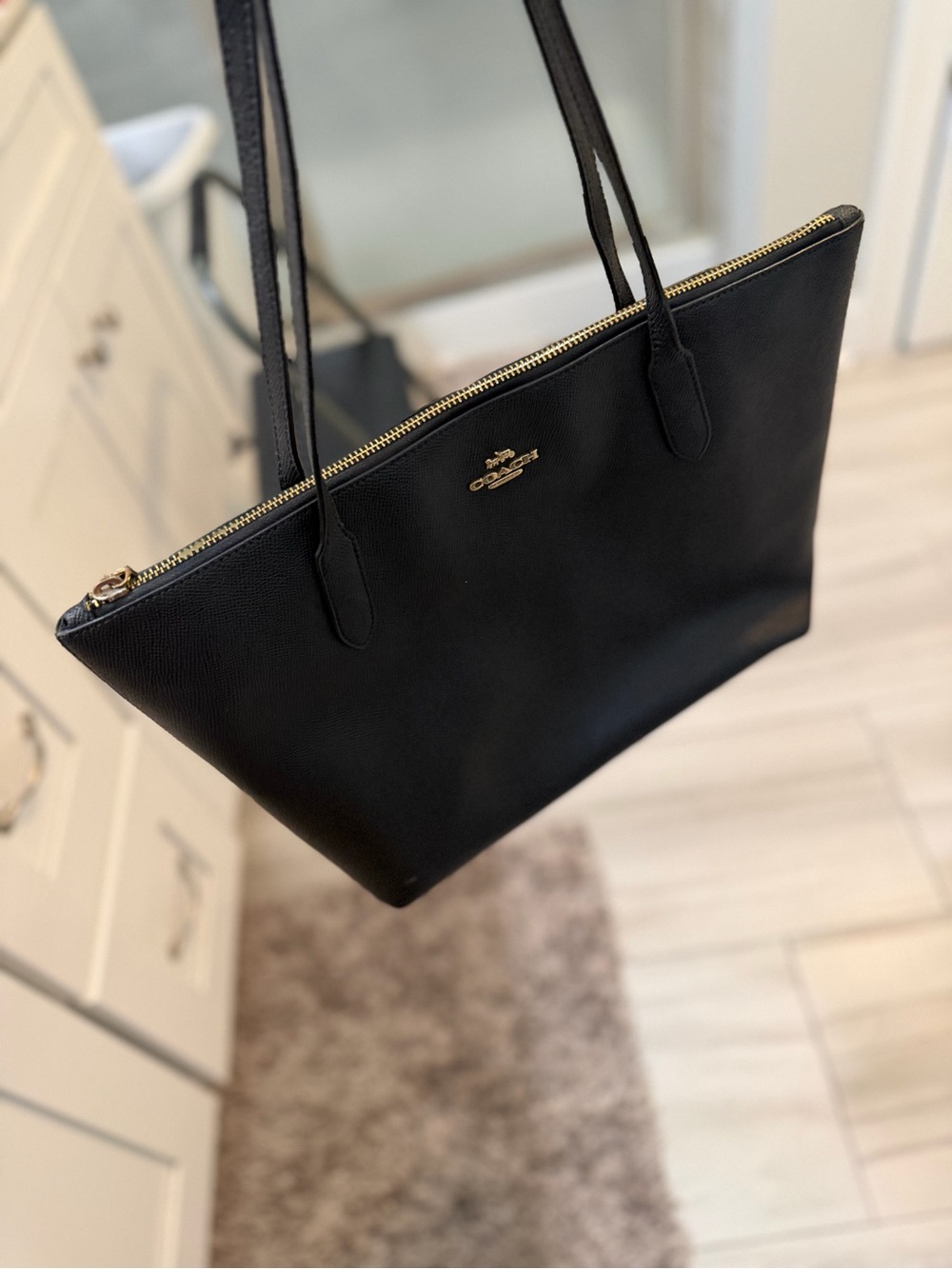Coach Black Leather Zip-Top Tote with Gold Hardware